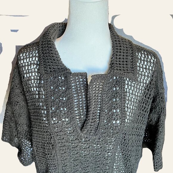 ZARA Collared Crochet Open Knit Polo Top Charcoal Boho Resort Layering L Preppy - Picture 4 of 7